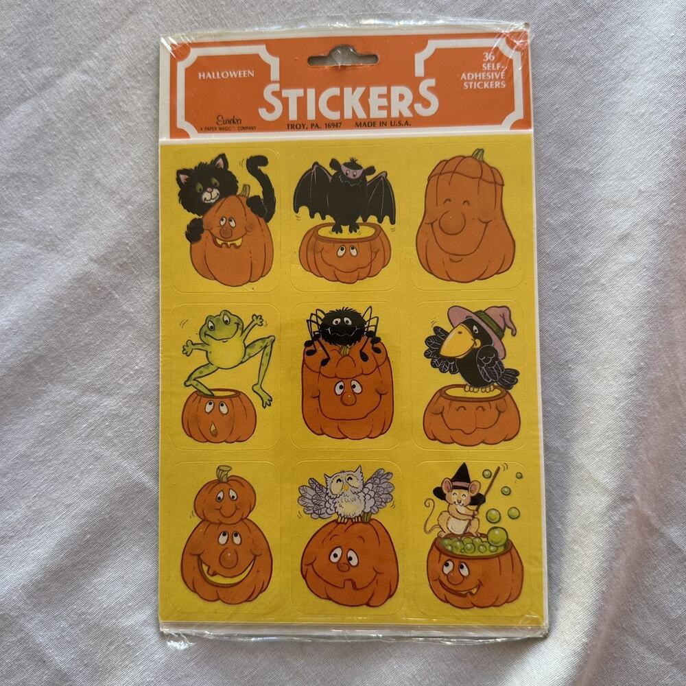 Vintage 80s Eureka Halloween Stickers Goofy Pumpkins Silly Cat Bat Witchy 36 NOS